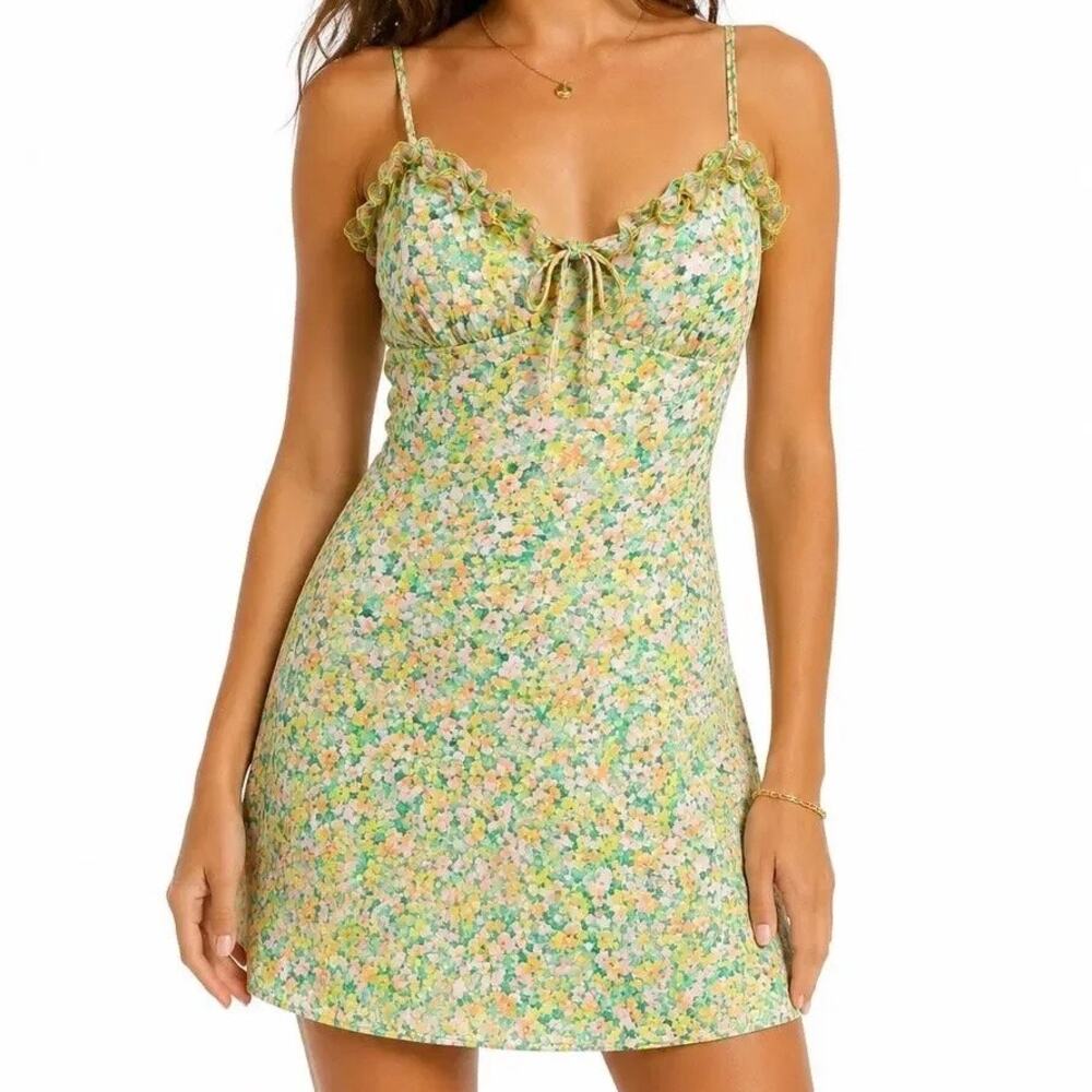 NWT Wild Fable Green Orange Floral Ruffle Mini Dress Size XS